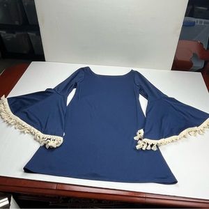 Judith March Women SZ Small Navy Blue Dress Fringe Sleeve Boho Bohemian Festival